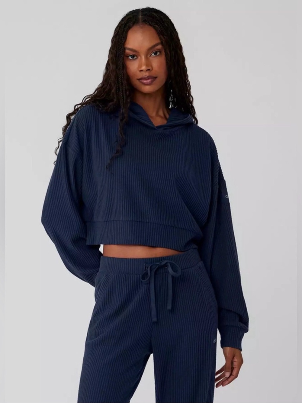 ALO Yoga Muse Navy Cropped Ribbed Hoodie